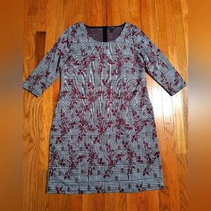 Nina Leonard Houndstooth and floral dress, women's 1X, gray and red